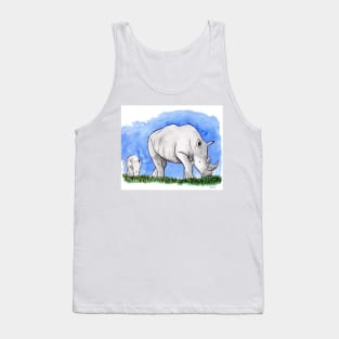 Rhinoceros with baby calf watercolor and ink illustration Tank Top